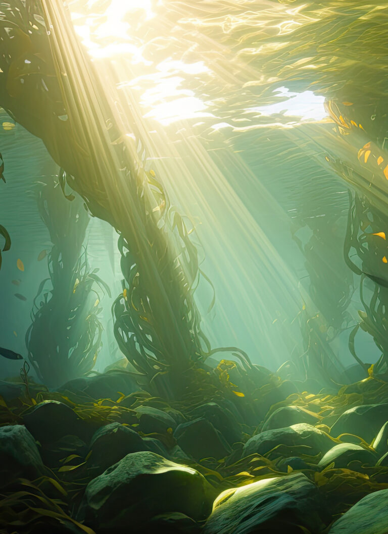 sun rays underwater showing seaweed